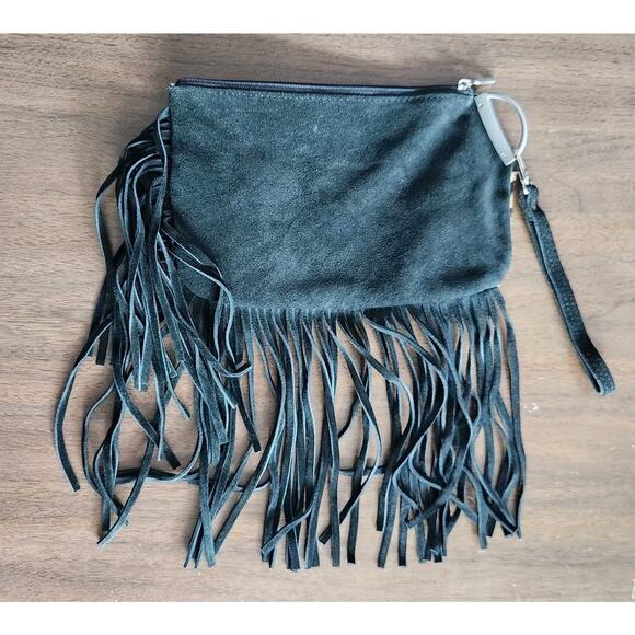 Prüne Leopard Print Haircalf Look Leather Suede Fringe Wristlet Bag Western Boho - Picture 2 of 10